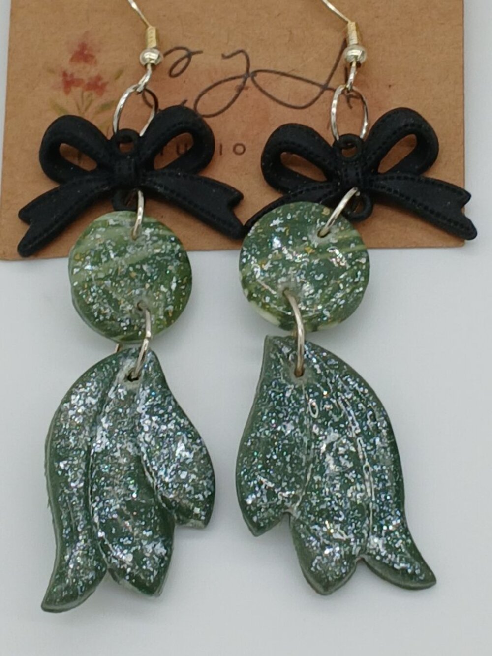 0168 Handmade Polymer Clay Bow Dangling Earrings w Emerald Silver Details